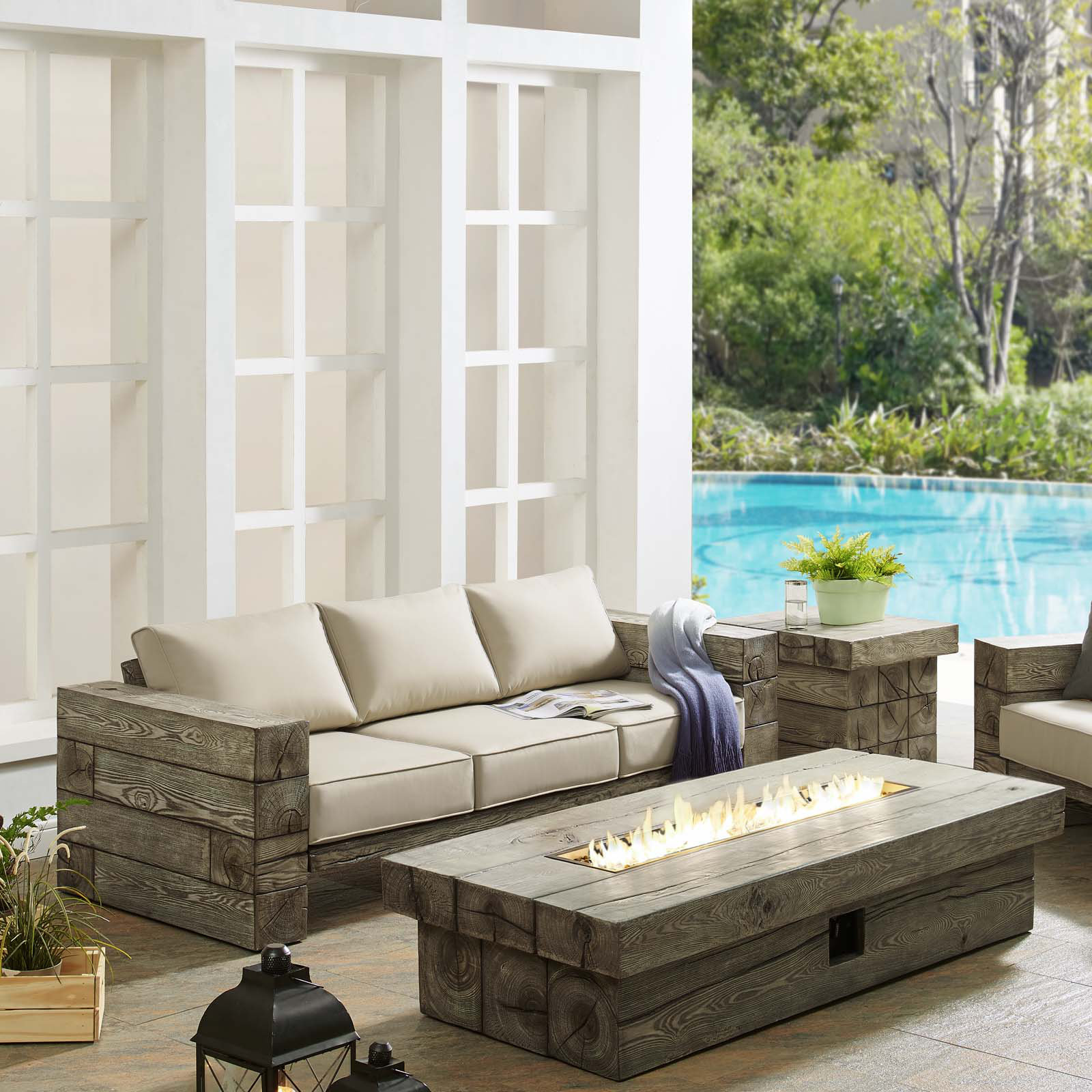 Modway Manteo Rustic Coastal Outdoor Patio Sofa Set with Fire Pit Table by Modway Wayfair